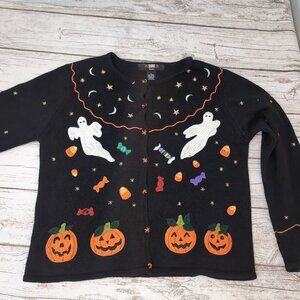 Segue Boo! Halloween Cardigan Sweater Black Ghost Pumpkin Candy – Women’s M